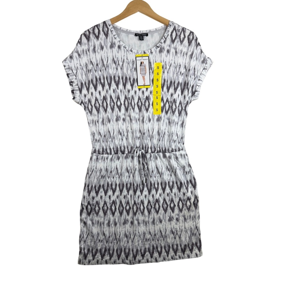 NWT Hilary Radley Short Sleeve Drawstring Waist Dress size Small White/Gray